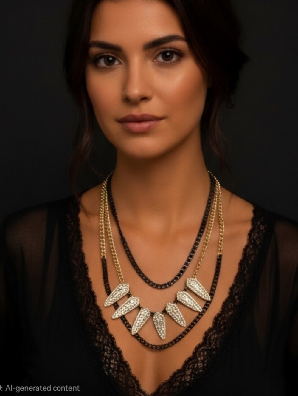 Nicole Miller Gold and Black Multi-Strand Crystal Spike Necklace